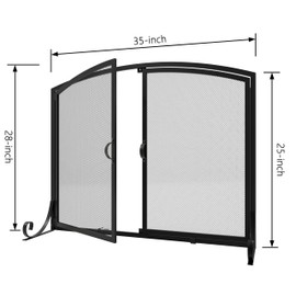 Calidola Fireplace Screen with Doors, 35" W x 28" H, Heavy Duty Solid Steel Frame, Wrought Iron Spark Guard, Baby Proof Fireplace Gate, Decorative Black Safety Screen for Wood Stoves and Fireplaces