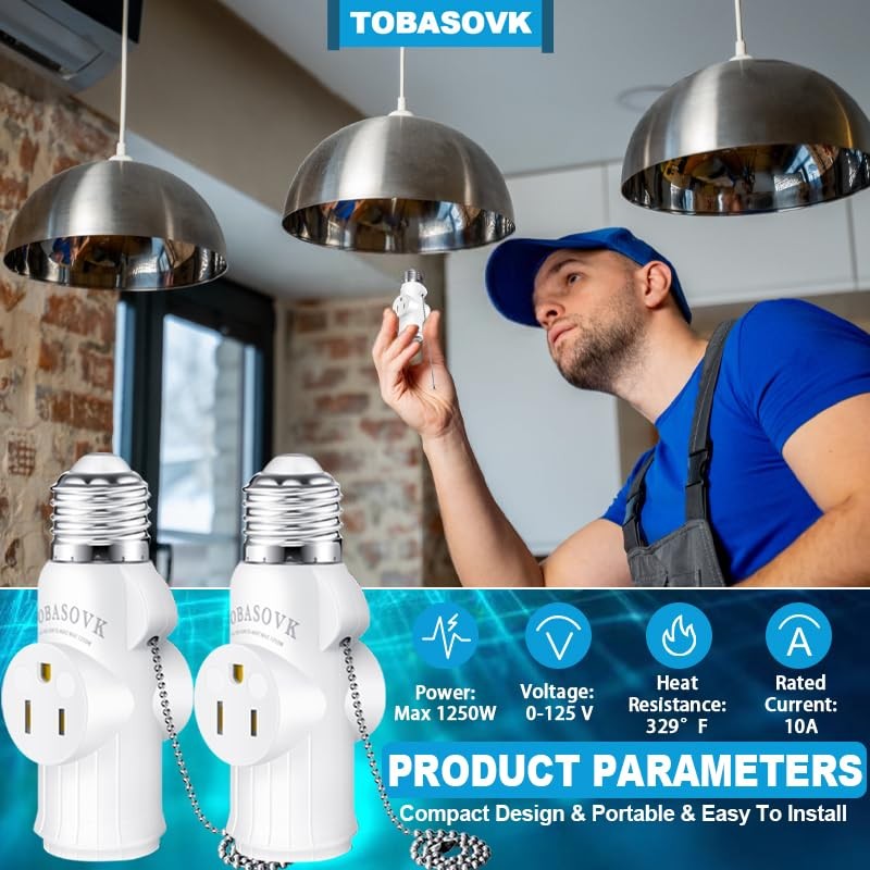 2 Packs Tobasovk Light Socket to Plug Adapter, 3 Prong