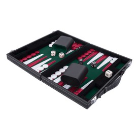 Engelhart- Travel Backgammon 11" travel game, inlaid velvet stitching leatherette playing field in attache case (Green/Red/White)