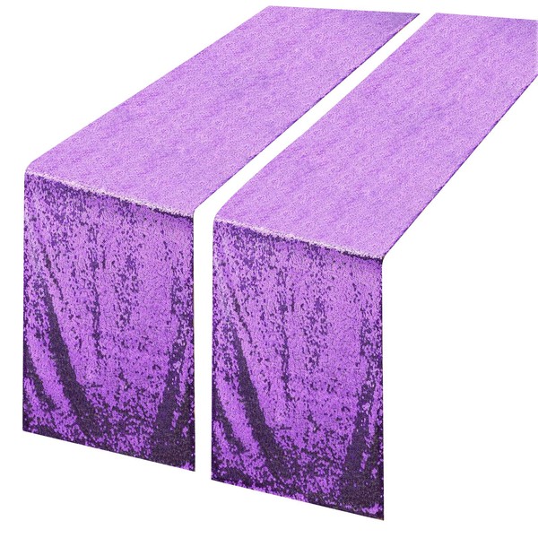 tiosggd Purple Table Runners 12''x108'', 2 Packs Glitter Fabric Sequin