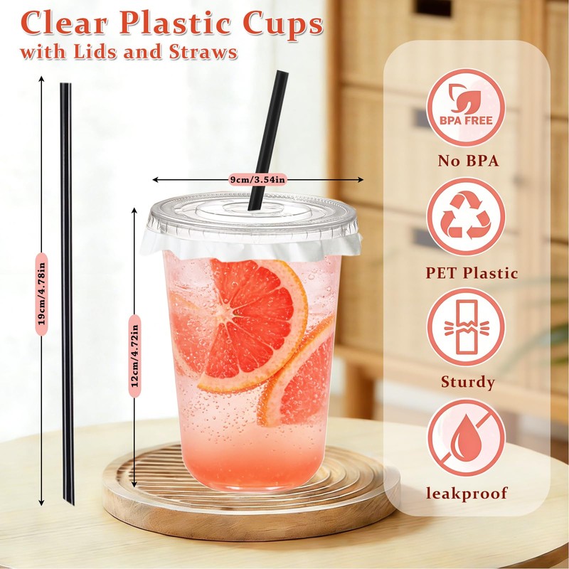 Cashger 16 oz Plastic Cups with Lids and Straws To