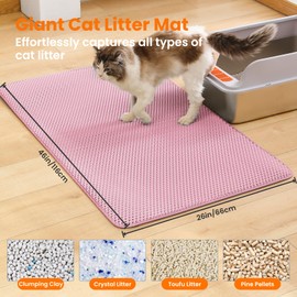 Petinstinct Jumbo Cat Litter Mat, 46x26 Inches Double Layer Honeycomb Litter Trapping Mat, Non Slip Waterproof Urine Proof Extra Large Cat Litter Box Mat, Kitten Supplies and Essentials, XXL, Pink