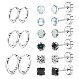 9 Pair Titanium Steel Earrings,Silver Stud Hoop Earrings Set,Titanium Earrings,Hypoallergenic Earrings,Surgical Steel Cartilage Earrings,Flat Back Earrings,Ball Opal Ball Cubic Zirconia Sleep Earrings