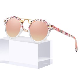 CARFIA Double Bridge Small Pink Mirrored Acetate Sunglasses for Women Polarized, Retro Metal Brow Lady Sunnies Round Eyewears