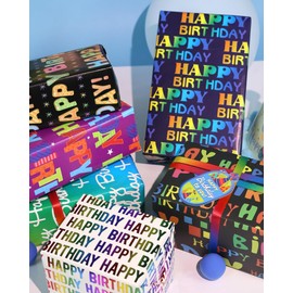 Birthday Wrapping Paper Set, 6 Sheets Colorful Happy Wrapping Paper, Recyclable Gift Wraps Set with Tags for Boys Girls