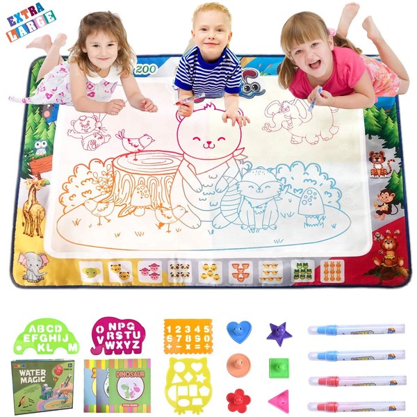 MOONTOY Water Doodle Mat Drawing Mat Large Zoo Watercolour Writing Painting Doodle Board for Children Toddlers Mess-Free Educational Toy Gift with 4 Magic Pens / 5 Character Shapes / 3 Animal Booklets