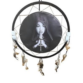 Anne Stokes Gothic Dream Catcher, Black Canvas and Suede, 24 Inch Diameter, Gothic Prayer Grieving Woman with Rosary Medallion Hanging Dream Catcher with Feathers and Beads