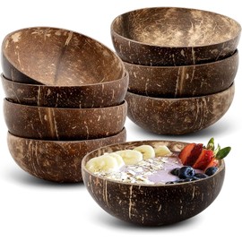 Pack of 8 Natural Coconut Bowls, 450 ml / 15 oz Polished Wooden Bowls for Smoothie, Acai, Salad, Buddha Bowls, Perfect as Vegan Gifts, Kitchen Decoration or Serving Bowls for Parties, 15 x 15 cm
