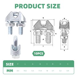 10 Pcs Wire Rope Clip M3 Cable Clamp for 3mm Wire Rope, Cable Grip Galvanized Steel U-Shape Bolt Saddle Fastener with Lock Nuts for Tensioning Wire Ropes Industry Household Transportation