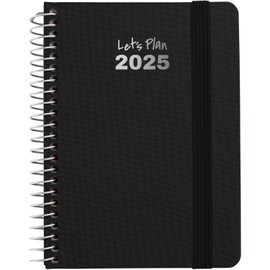 Grafoplás | Weekly View 2025 a6 Annual Diary | Black | Spanish | Spiral | Hardcover Lined Fabric | Elastic Closure | January to December | Includes Stickers | Fancy Model | FSC Certified