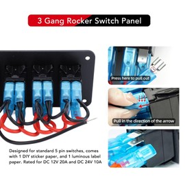 3 Gang Multi-Function Rocker Switch Box, Dual USB + Digital Volmeter, 12V 24V 5 Pin ON/Off Pre-Wired Rocker Switch Panel for RV Car Boat Truck Trailer (Blue Light)