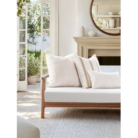 Crumbs Home Modern Farmhouse Fall Linen Indoor Outdoor Throw Pillow Cover Only, 20"x20" Water Repellent for Patio, Backyard, Couch, Neutral Ivory Cream Embroidered Stripes