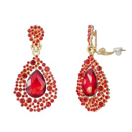 YINLI Full Crystal Hollow Tear Drop Statement Clip on Earrings for Women (Red)