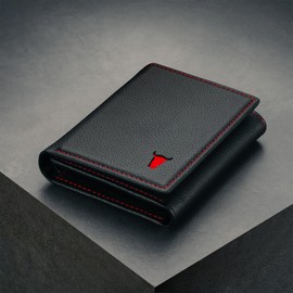 TORRO Tri-Fold Leather Wallet - Premium Triple Fold Slim Leather Wallet for Men with 9 Card Slots and RFID Blocking, Black with red details, Classic