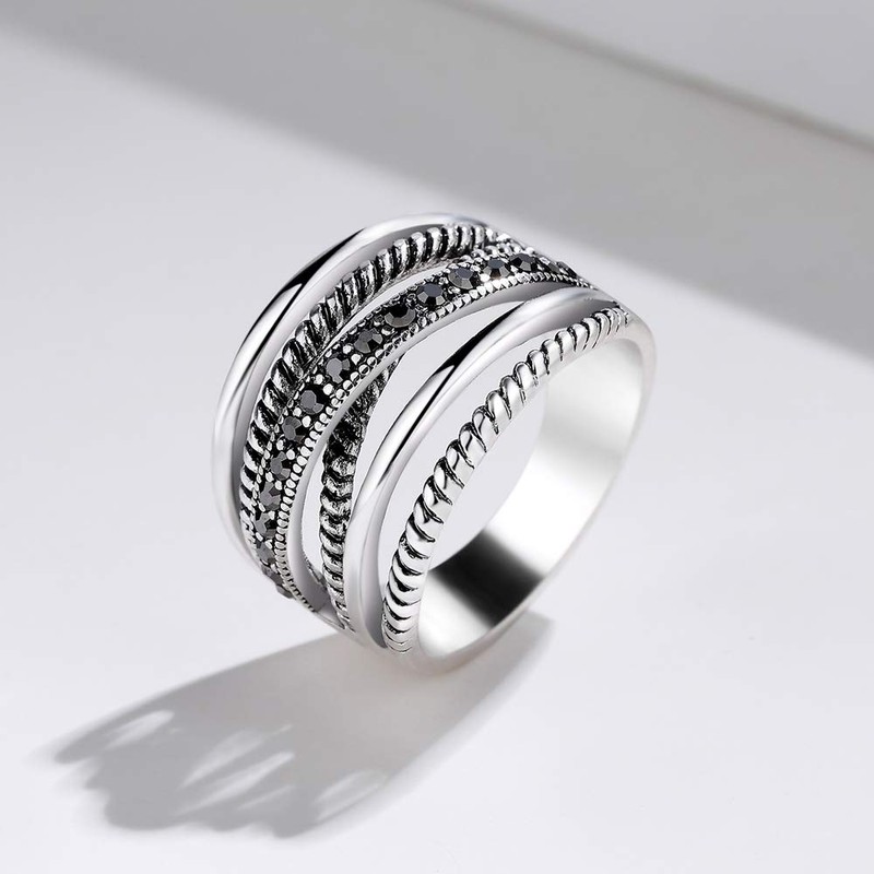 Shefashion Women's Vintage Oxidized Silver Crossover Statement Rings Wide Band