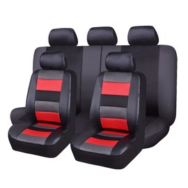 Flying Banner Car Seat Covers Full Set Front Seats and Rear Bench Black Leather and Red Fabric Mesh Cover Breathable Black with Grey and red Color (Red)