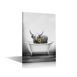 Black and White Canvas Wall Art Funny Animal for Bathroom Kitchen Bedroom Highland Cow with Yellow Sunflower in Bathtub Giclee Print Picture Painting Stretched on Canvas Framed Artwork 8x12inch