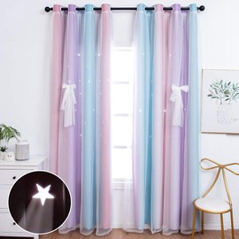 Unistar 2 Panels Blackout Stars Curtains for Kids Girls Bedroom Aesthetic Living Room Decor Colorful Double Layer Star Cut Out Stripe Pink Rainbow Window Wall Home Decoration Curtain,W52 x L84 Inches