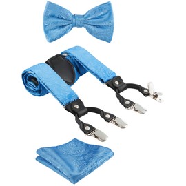 Corbata G, tirantes y pajarita, bolsillo cuadrado/juego de 3 piezas, 3,5 cm de ancho de banda, 6 clips, 3 bucles de piel, longitud ajustable, Una cachemira azul cielo, Large