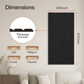 Keemute Acoustic 6 Pack Sound Absorbing Equidistant cutting Panels, 47.2” x 23.6” x 0.4” Self-Adhesive Noise Reduction Wall Panels for Office, Home Theater, Recording Studio(Black)