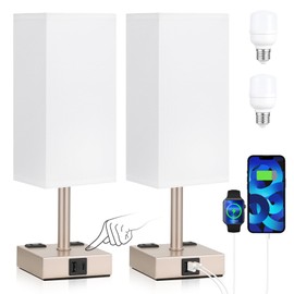 aooshine Light Gold Touch Lamps Set of 2 - Nightstand Lamp with USB-C + A Charge Ports & AC Outlets, 3-Way Dimmable Bedside Lamp, Small Table Lamp Light for Bedroom (Bulb Included)