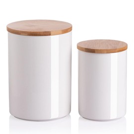 Sweejar Kitchen Ceramic Food Storage Containers Set, Stackable Canisters for Countertop with Airtight Boomboo Lids for Serving Ground Coffee, Tea, Sugar, Salt and More- Set of 2 (White)