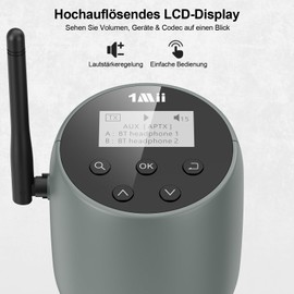 1Mii Bluetooth 5.2 Transmitter for TV, aptX Adaptive/HD/LL Wireless Audio Adapter with LCD Screen, Optical/AUX/RCA/Microphone Input, Support for 2 Headphones/Speakers, Bypass Mode