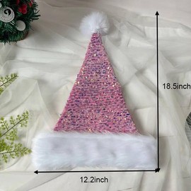 Pink Sequined Santa Hat Shiny Christmas Hat, Unisex Soft Plush Deluxe Xmas Santa Claus Hat, Velvet Comfy Santa hat for Santa Claus Fancy Dress, Christmas New Year Party, Xmas Tree Decorations Adults