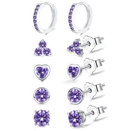 Sterling Silver Studs Earrings Set for Women, 5 Pairs Small Huggie Hoop & Studs Earrings Set | Hypoallergenic Purple Cubic Zirconia Earring Jewellery Set for Girls
