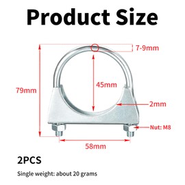 2 Pcs 45mm(1-3/4") Exhaust Clamp, Muffler U-Bolt Clamps, Special Clamp for Exhaust Pipe U-Shaped Galvanized Pipe Clamp for 45mm Diameter Exhaust Tail Pipe Clamps