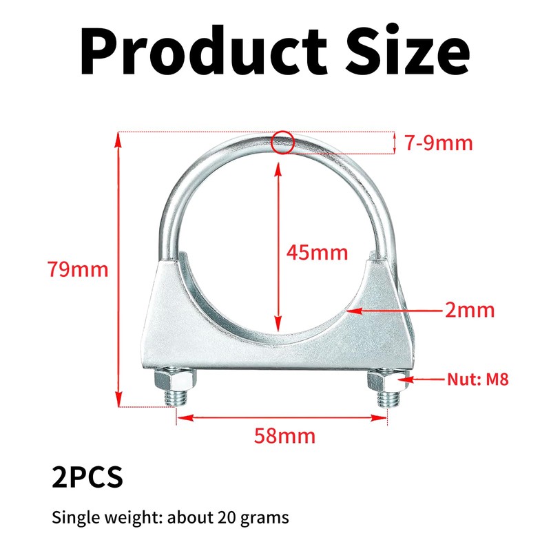2 Pcs 45mm(1-3/4") Exhaust Clamp, Muffler U-Bolt Clamps, Special Clamp