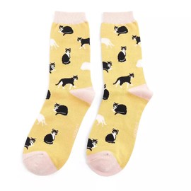 MISS SPARROW Black White Cat Socks Super Soft Breathable Eco Friendly Bamboo Blend Yellow