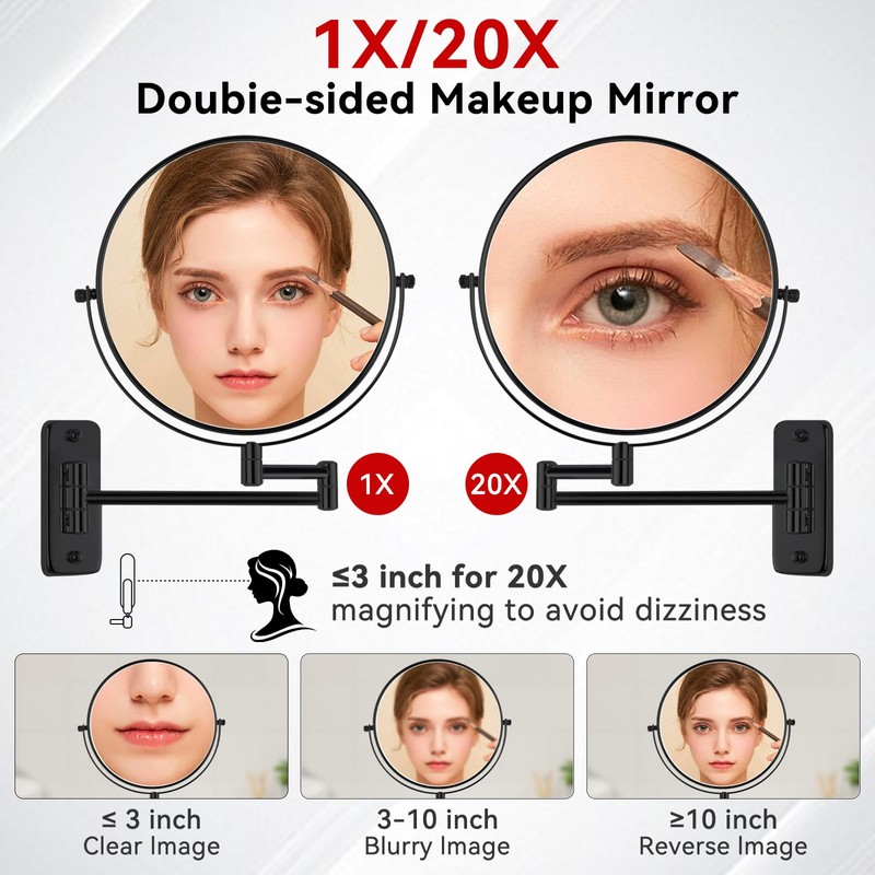 8” Wall Mount Makeup Mirror with 20X Strong Magnification, Double