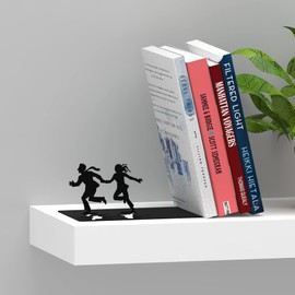 Unique Black Metal Decorative Bookends - Whimsical Hidden Book Ends for a Cool Book Holder Display - Cute Home Decor and Modern Gift Idea for Shelves Desk or Table (Runaway)