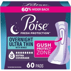 Poise Overnight Ultra Thin Incontinence & Postpartum Pads with Wings for Bladder Leaks, 8 Drop Extra Absorbent, Long Length, 60 Count