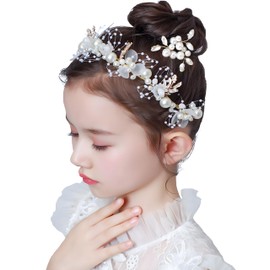 4 Pcs Flower Girl Headband,Pearl Rhinestone Flower Hair Clip,Bridal Flower Crown + 3 Pearl Hair Pins for Wedding tiara Accessories,Party Prom
