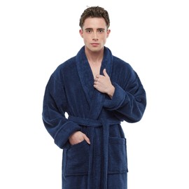 ESKYMODE Mens Soft Cotton Bathrobe, Ankle Length Long Men's Thick Towel Bath Robe Navy Blue XXL
