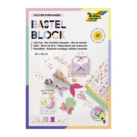 folia 49102 Craft Pad "Glitter Everywhere" with 27 Sheets of Craft Paper in the Format 24 x 34 cm, with Printed Photo Cardboard, Coloured Paper, Glitter Paper, Pre-Drawn Shapes and Stickers