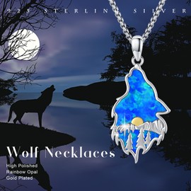 TUGHRA Wolf Necklace Opal, S925 Sterling Silver Wolf Head Pendant for Men Women Moon Mountain Charm Jewelry Gifts for Hikers, Climbers and Nature Lover