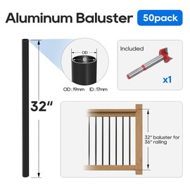 Coliwel 50Pack 32" x 3/4 Aluminum Deck Balusters Deck Railing Stair Staircase Spindles Round Black Metal Balusters Stair Balusters for Deck Porch Staircase Fencing Indoor Outdoor