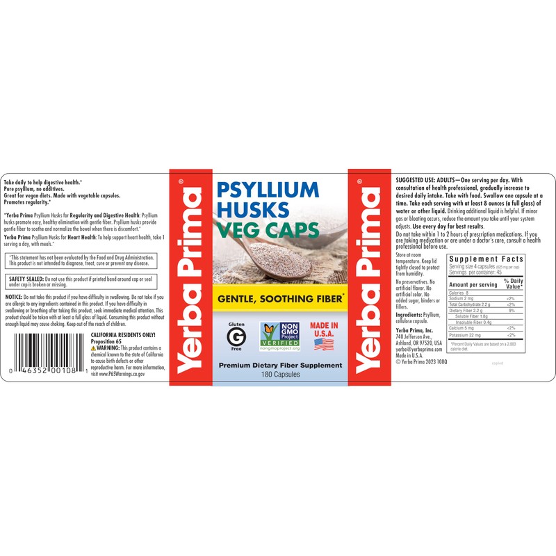 Yerba Prima Psyllium Husks Fiber Veg Caps - 180 (Pack