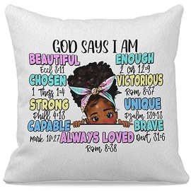 Christian God Says I am Self Affirmation Black Girl Decorative Throw Pillow Case 18″×18″,Farmhouse Christian Decorations For Home Girls Room Bedroom,Inspirational Gifts For Women Faith Teen Girls