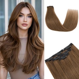 tesshair Clip in Hair Extensions Real Human Hair Remy Single Clip Double Weft 6 Pcs Seamless Highlight Straight Human Hair Clip in Extensions for Women #04 Medium Brown - 10 Inch