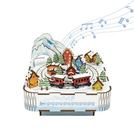 Tonecheer Music Box Wooden 5D Puzzle, Snow Train DIY Model Kit for Adults, Rotating Music Box, Wooden Puzzle for Home Decoration Gifts for Birthday Christmas