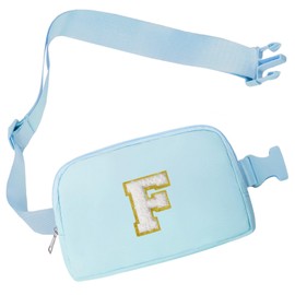 COSHAYSOO Blue Initial Belt Bag Waist Fanny Pack Small Crossbody Bum Hip Pouch Cross Body Hands Free Chest Purse with Monogram Chenille Letter Patch for Women Friend Teacher Appreciation Gift (F)
