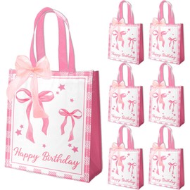 VDESFUEBY 16Pcs Pink Bow Party Favor Bags Non-woven Goodie Gift Bags with Handle Ribbon for Pink Bow Birthday Party Supplies Conquette Birthday Decorations