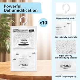 Dehumidifier Hanging Bags 10 Packs 500 ml, Wardrobe Moisture Absorber, Hanging Dehumidifier, Dehumidifier Granules for Basements, Bedrooms, Washrooms, Eliminate Unpleasant Odours