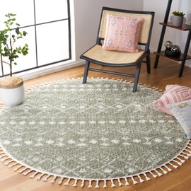 SAFAVIEH Berber Fringe Shag Collection Area Rug - 3' Round, Sage/Ivory, Geometric Design, Plush 1.2 Inch Thick Ideal for High Traffic Areas in Living Room, Bedroom, Dining (BFG516W)