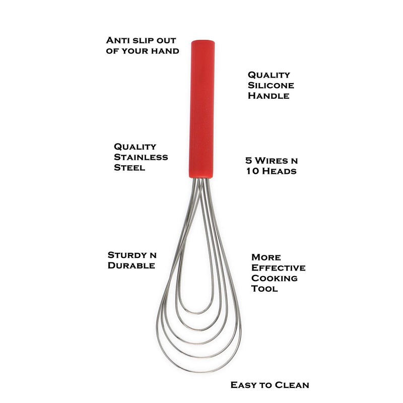 Flat Whisk Silicone Handle Non Slip 10" - 5 Wires