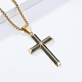 FUTPLOR Cross Necklace for Men, Silver Gold Black Stainless Steel Cross Enamel Craft Minimalist Faith Cross Jewelry Mens Cross Pendant 24 Inch Adjustable Box Chain Unisex Cross Jewelry (Medium, Gold Black)